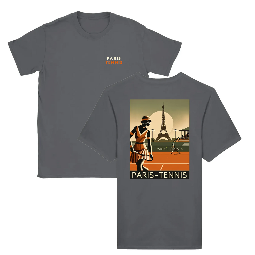 T-shirt featuring a graphic print of tennis elements and the Eiffel Tower
