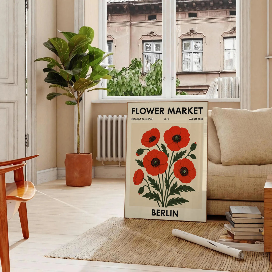 Botanical poster of Berlin flower market in black and red