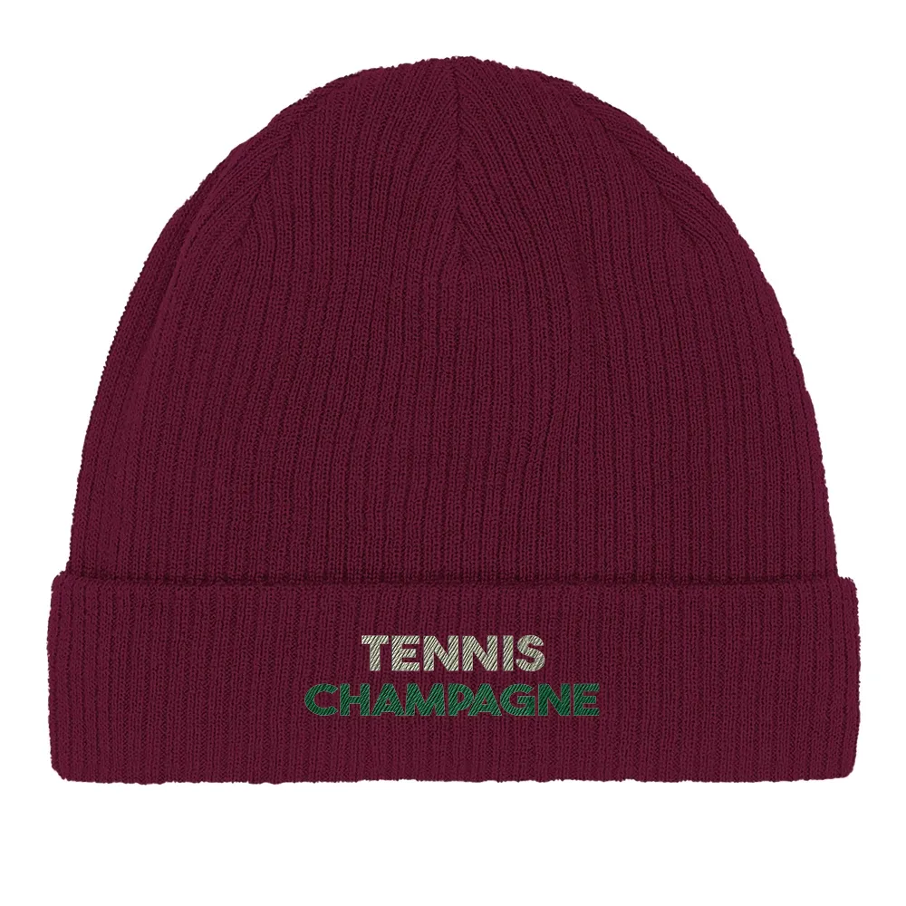 Embroidered beanie featuring a tennis motif on soft cotton fabric