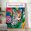 Vintage leopard illustration on an orange and green background in mid-century style