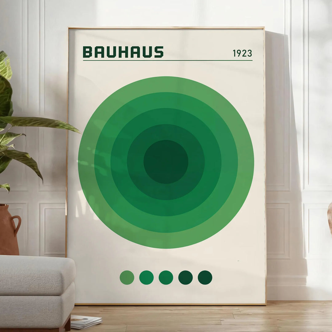 Minimalist poster with a green circle on a white and blue background