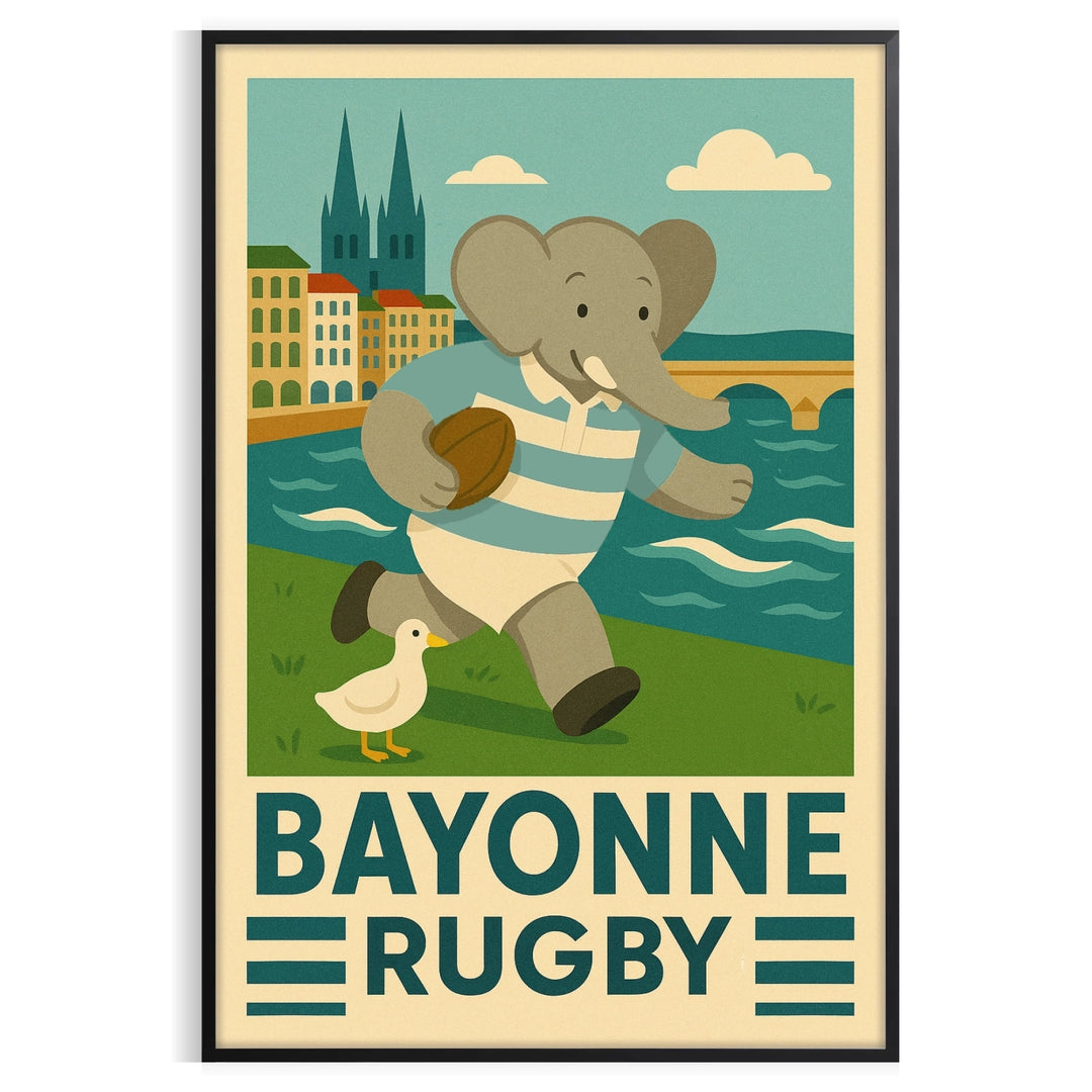 Poster showing a child elephant in vintage art deco rugby illustration
