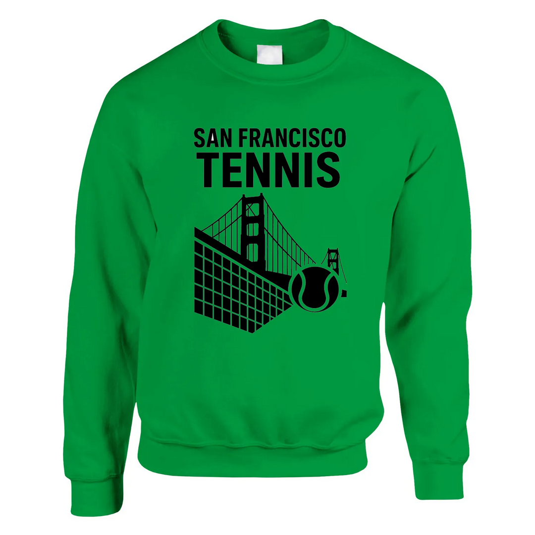 Unisex sweater featuring a graphic of tennis elements with San Francisco skyline
