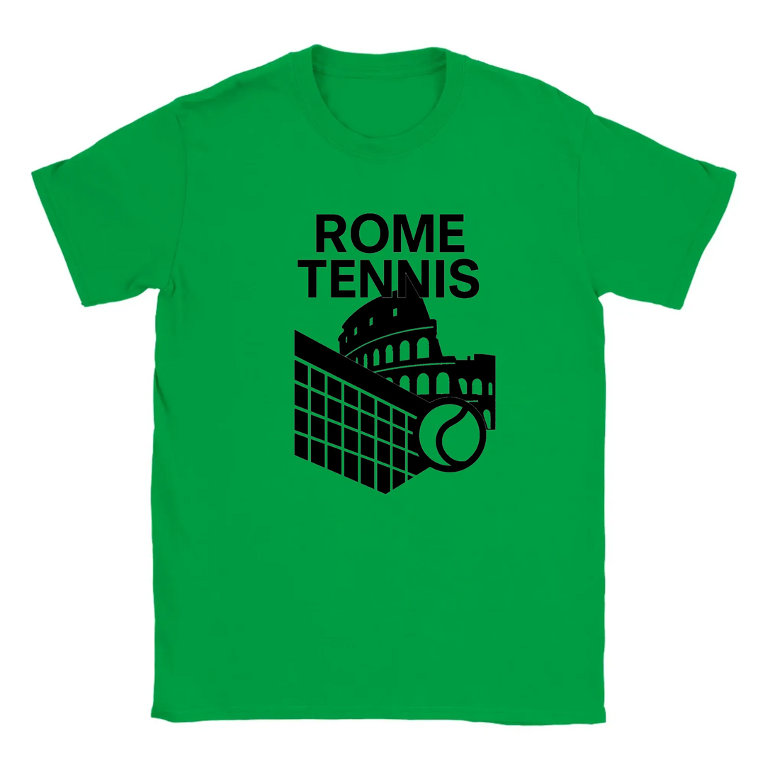 T-shirt featuring a graphic design of tennis elements with Rome landmarks