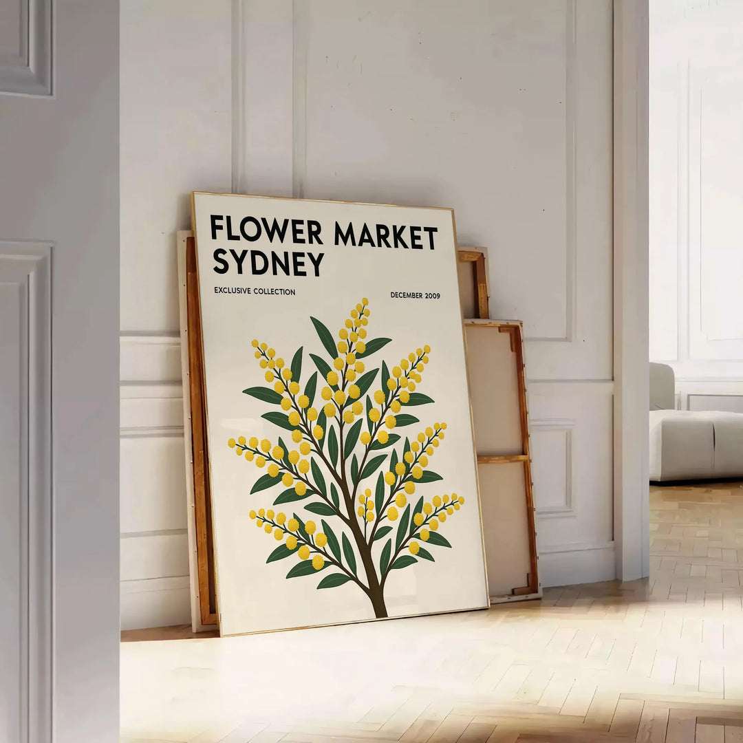 Vintage botanisk illustration av en blomstermarknad i Sydney med frodiga gröna och gula nyanser