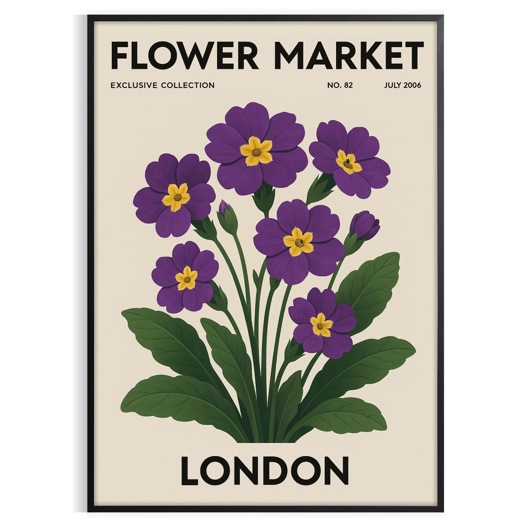 Poster showing London flower market botanical illustration in green and gray