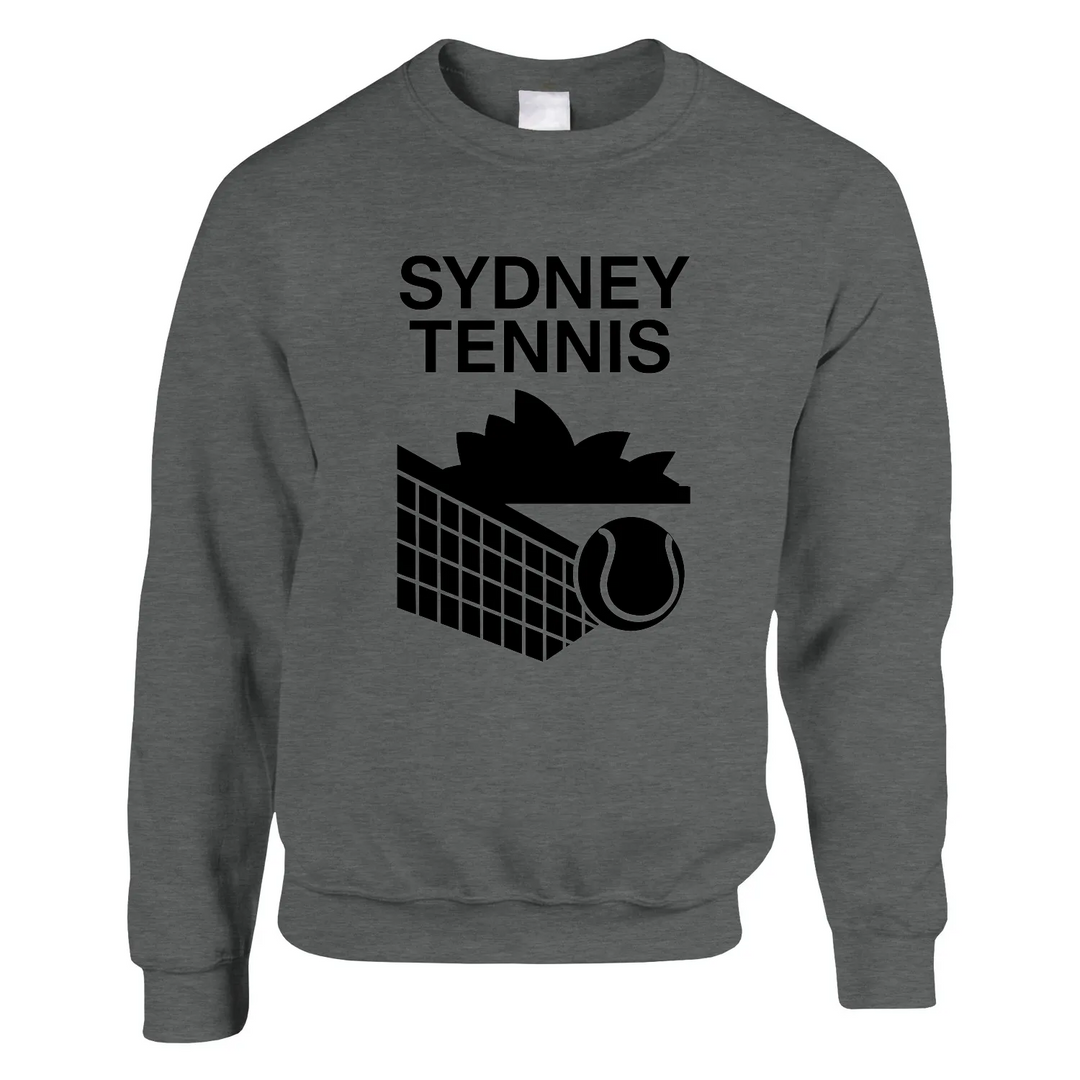 Unisex sweater featuring a graphic print of tennis elements and Sydney landmarks