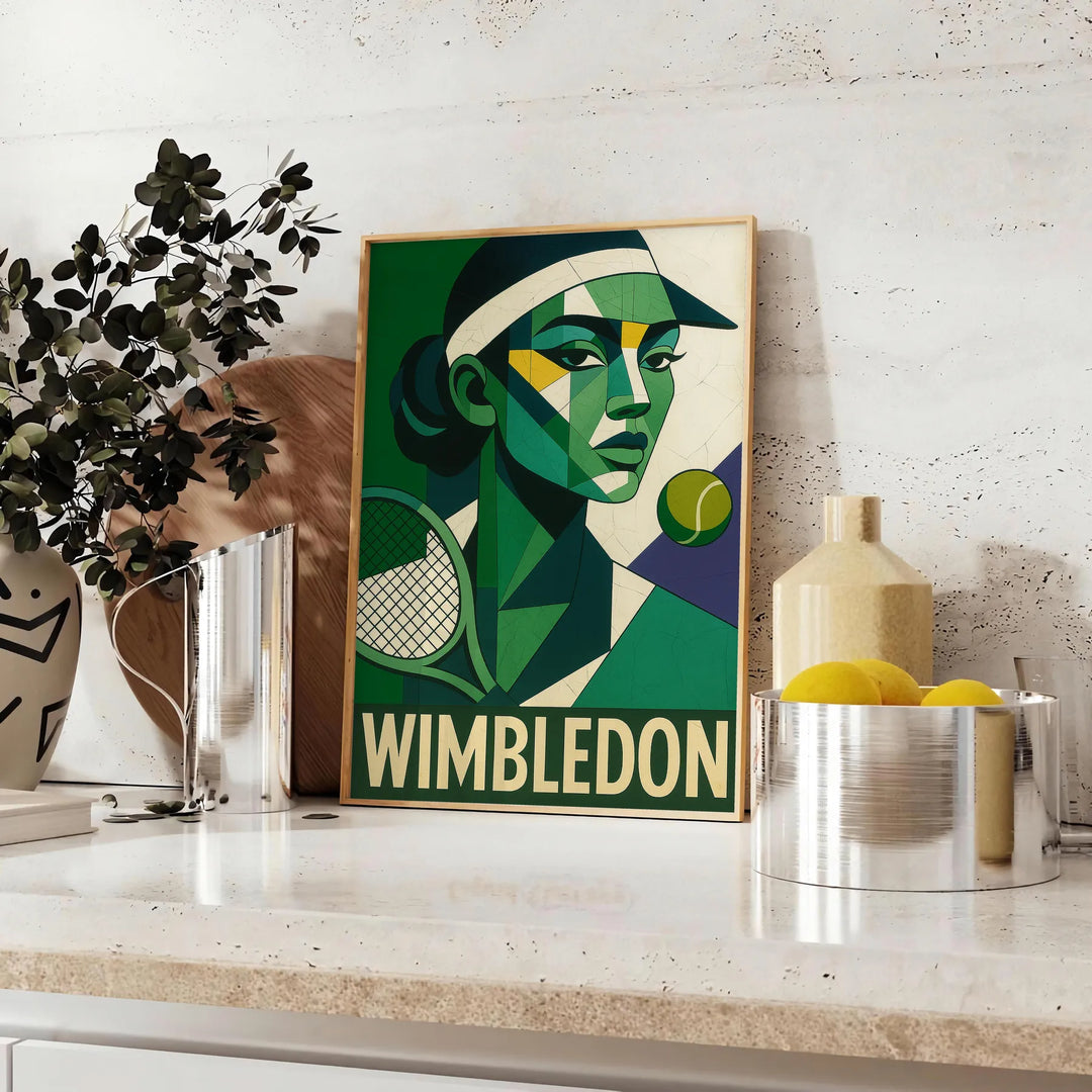 グレー と 緑 の キュビスム 風 Wimbledon ポスター 抽象 的 ラケット シルエット