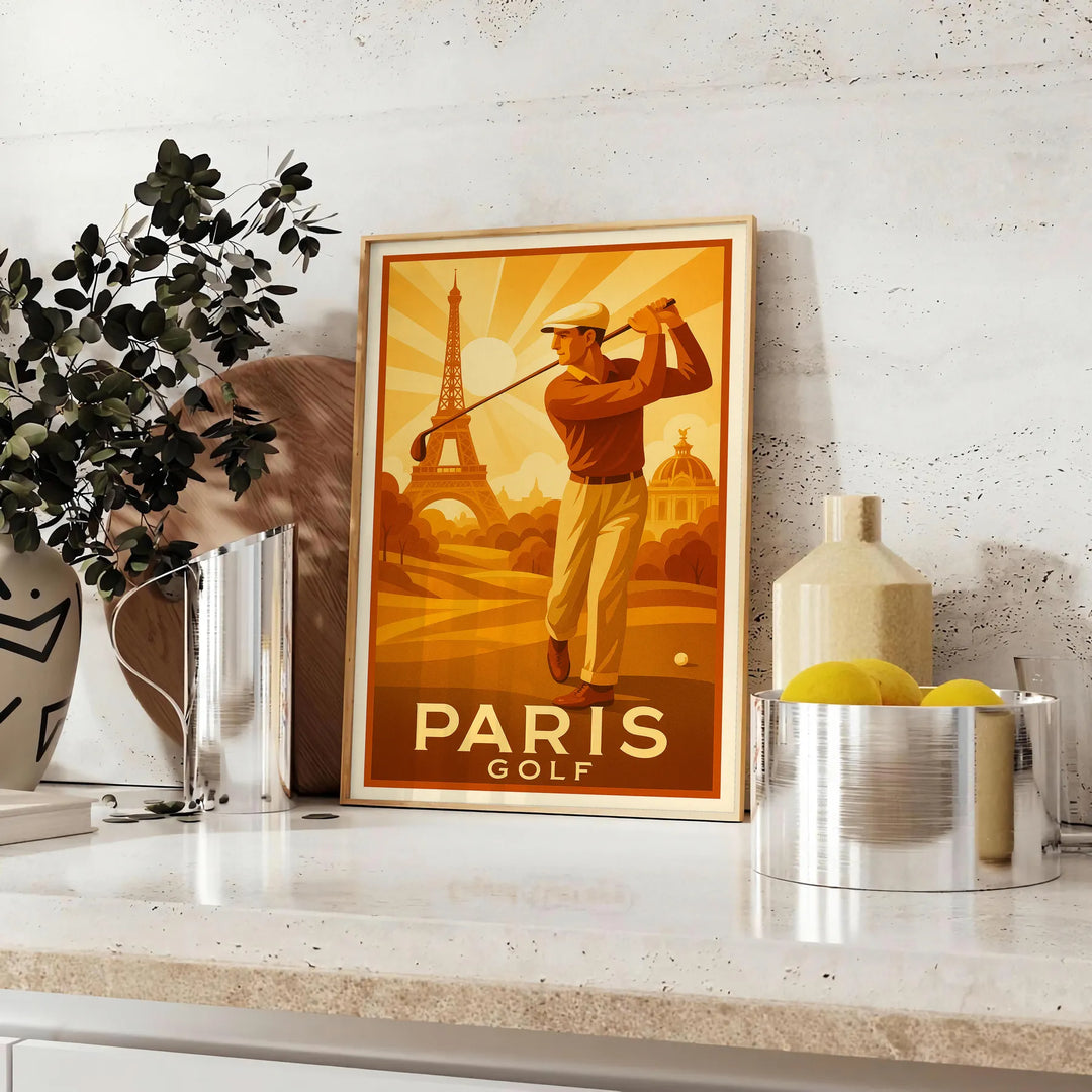 Ilustração Art Deco de golfistas em Paris com tons verdes e marrons
