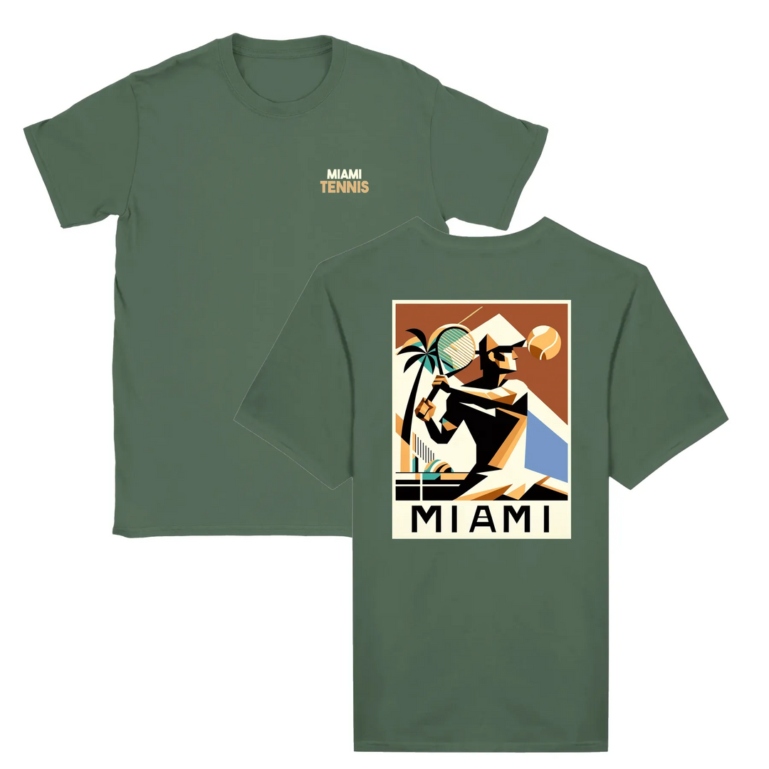 T-shirt featuring a graphic of a tennis player in action against a Miami skyline