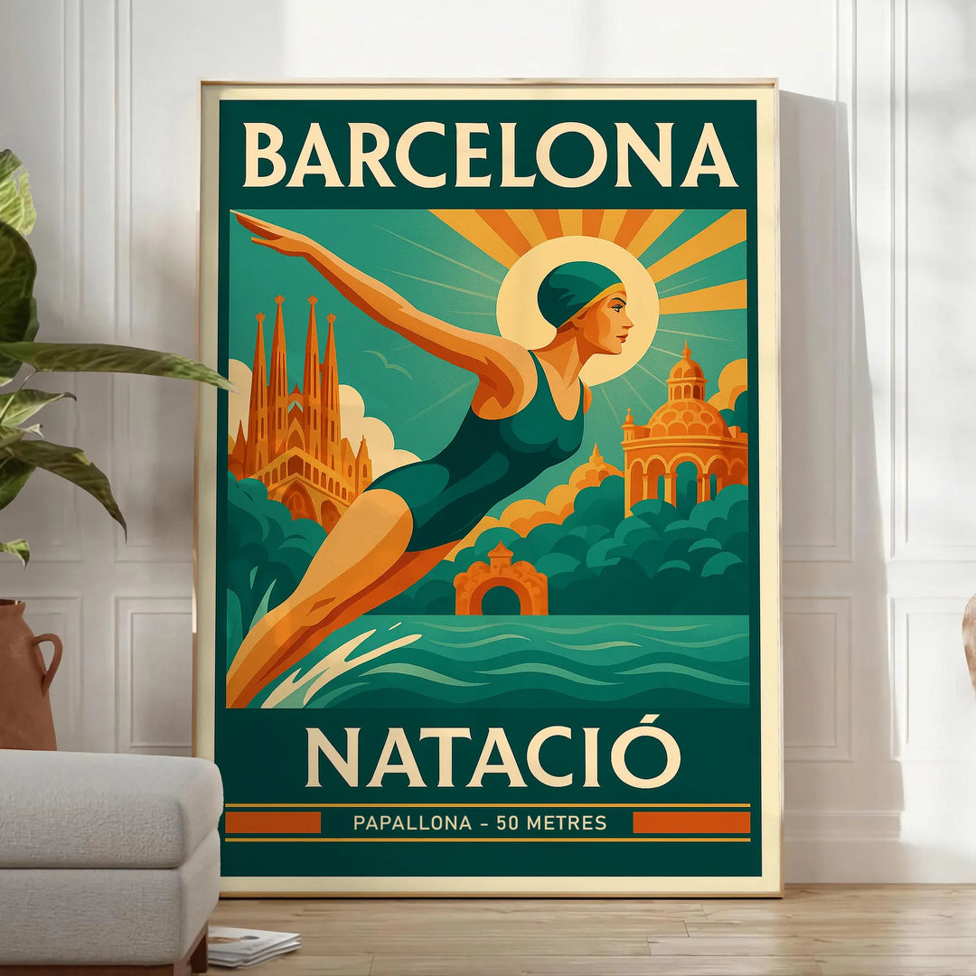 Swimmer diving in front of the Barcelona skyline, featuring yellow and green tones
