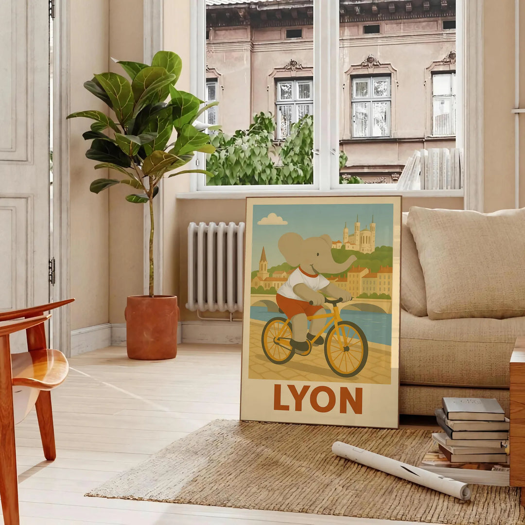 Whimsical elephant riding a bicycle through Lyon's streets