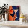 Stylized illustration of a woman holding a martini in orange and green tones