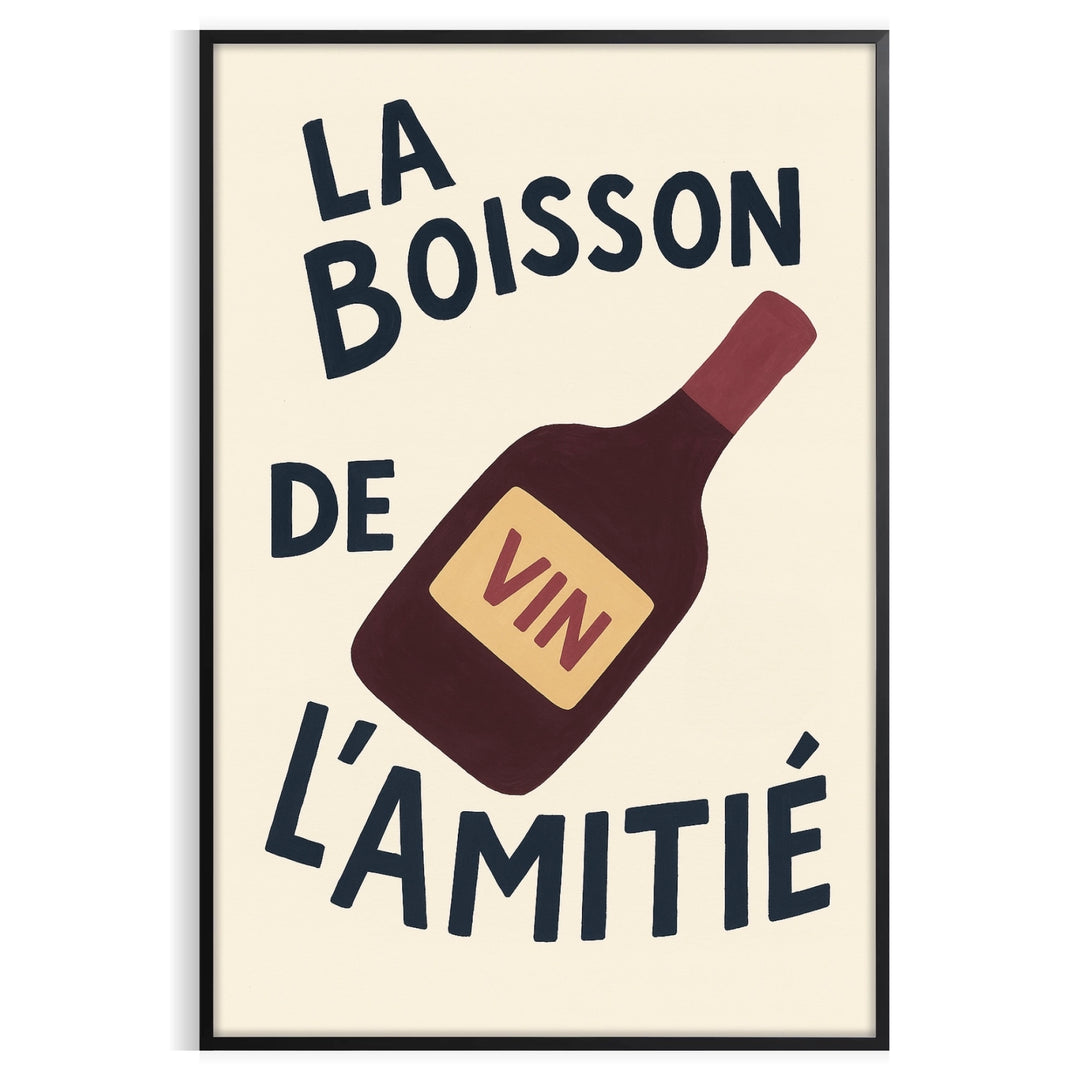 Minimalist black and white illustration of a wine bottle and glasses