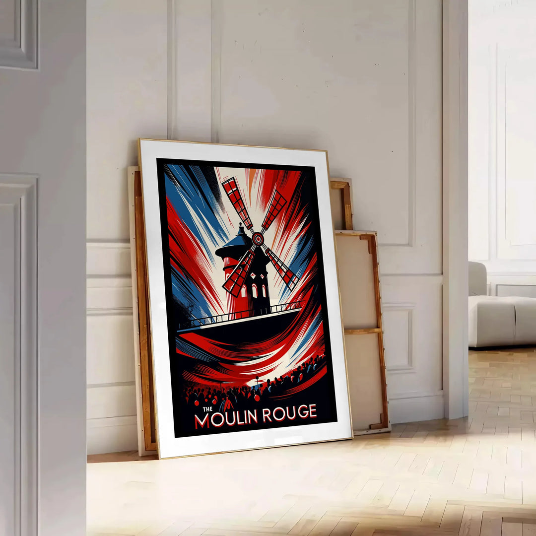 Vintage Moulin Rouge poster showing cabaret scene in red and blue