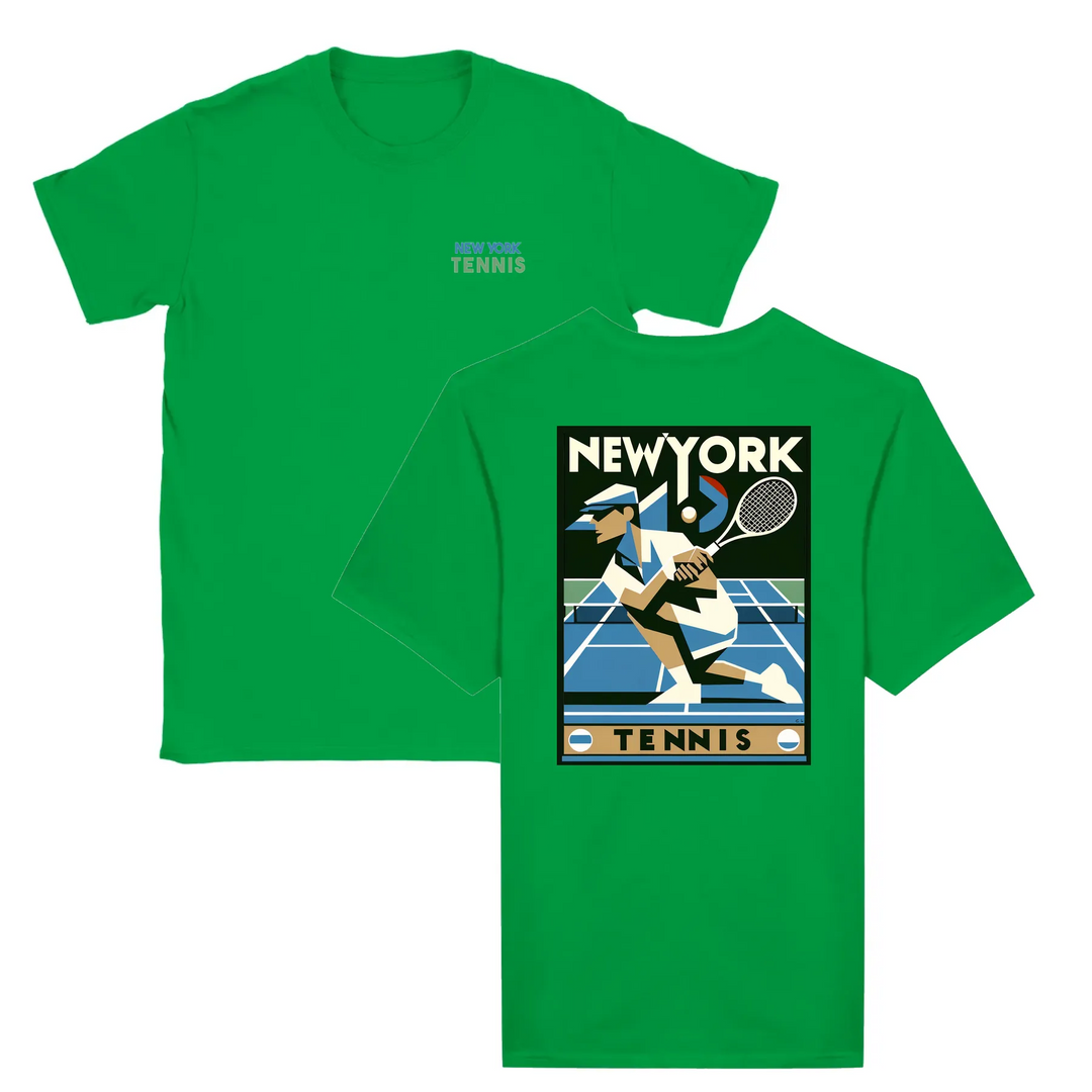 T-shirt featuring a graphic of a tennis player in action against a New York skyline