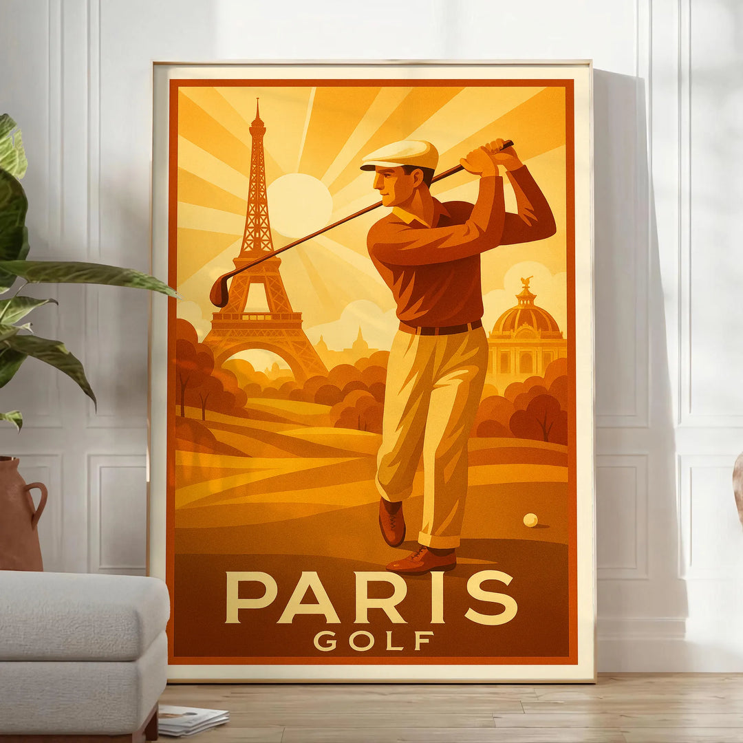 Ilustração Art Deco de golfistas em Paris com tons verdes e marrons