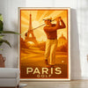 Ilustração Art Deco de golfistas em Paris com tons verdes e marrons
