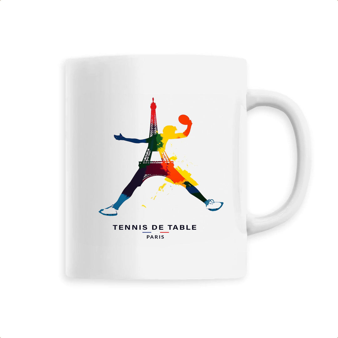 White ceramic mug with blue table tennis paddle and ball graphic