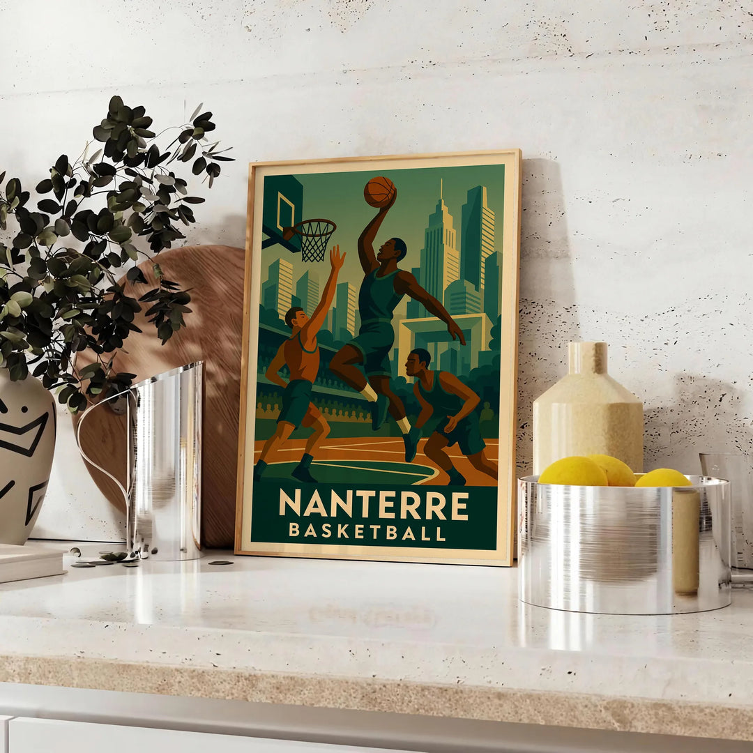Nanterre basketball poster, vintage Art Deco style with bold graphic design
