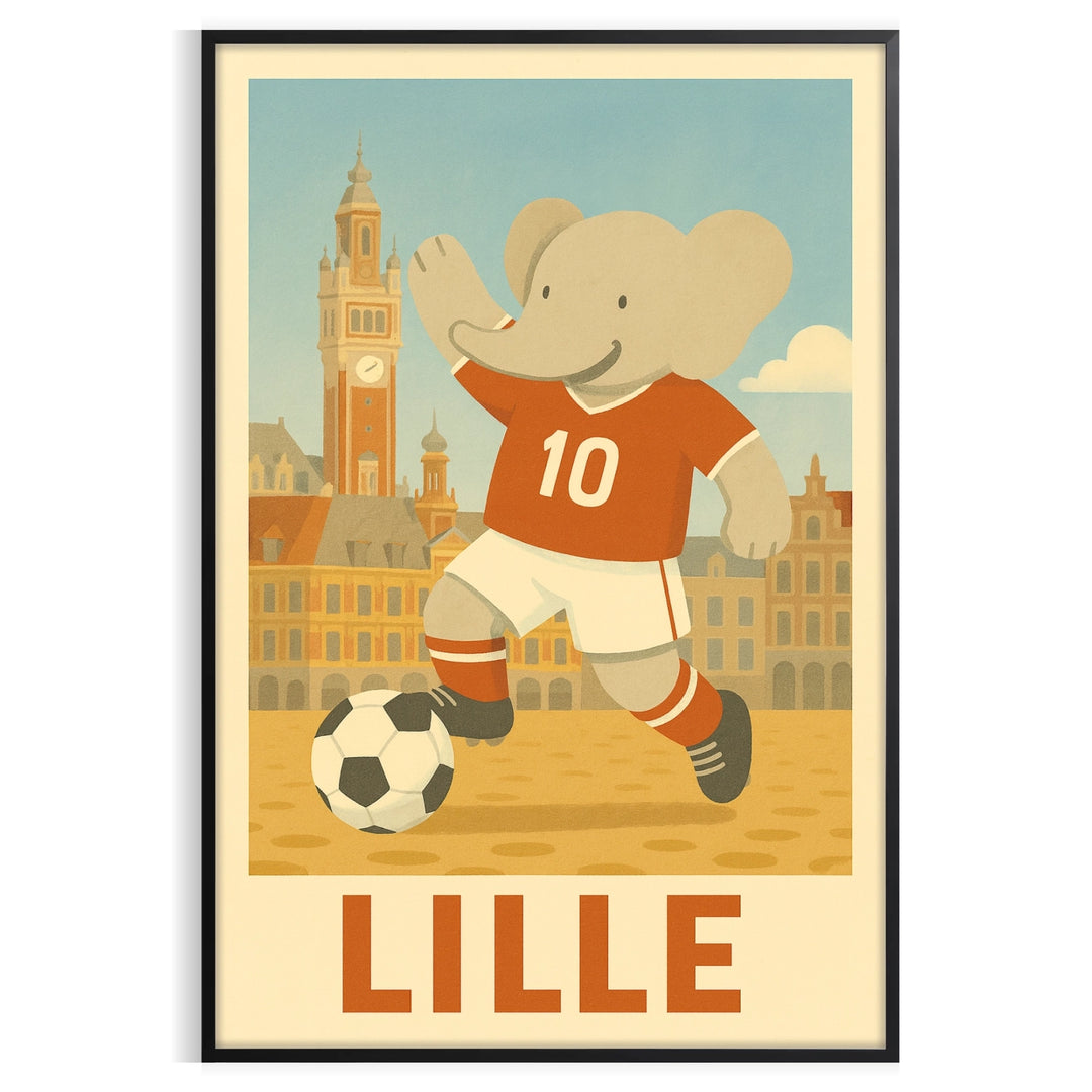 Gray elephant playing football with orange accents in a playful style