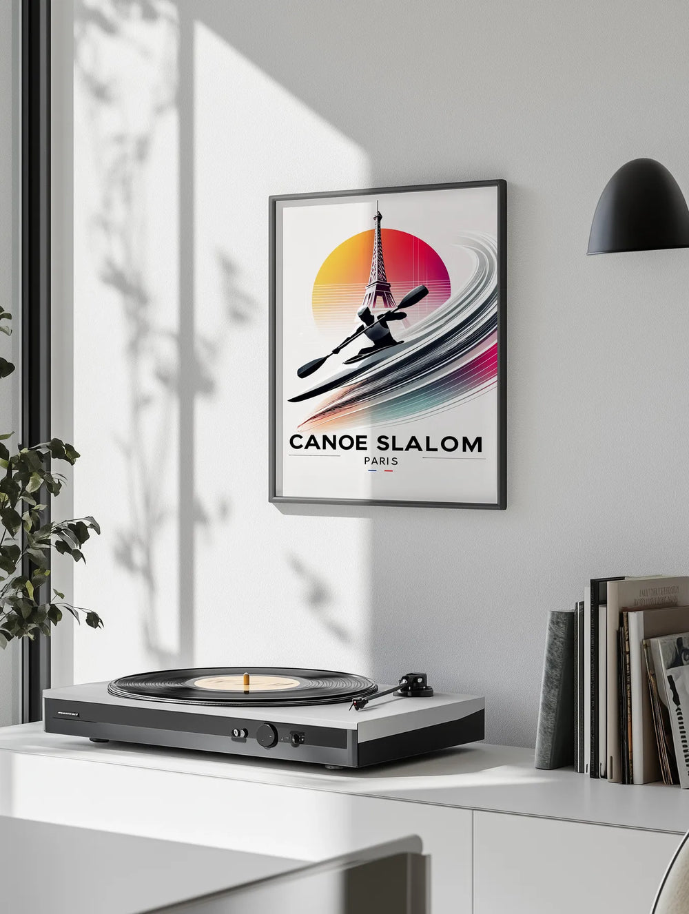 Canoe slalom athlete in Paris, dynamic graphic poster with blue palette