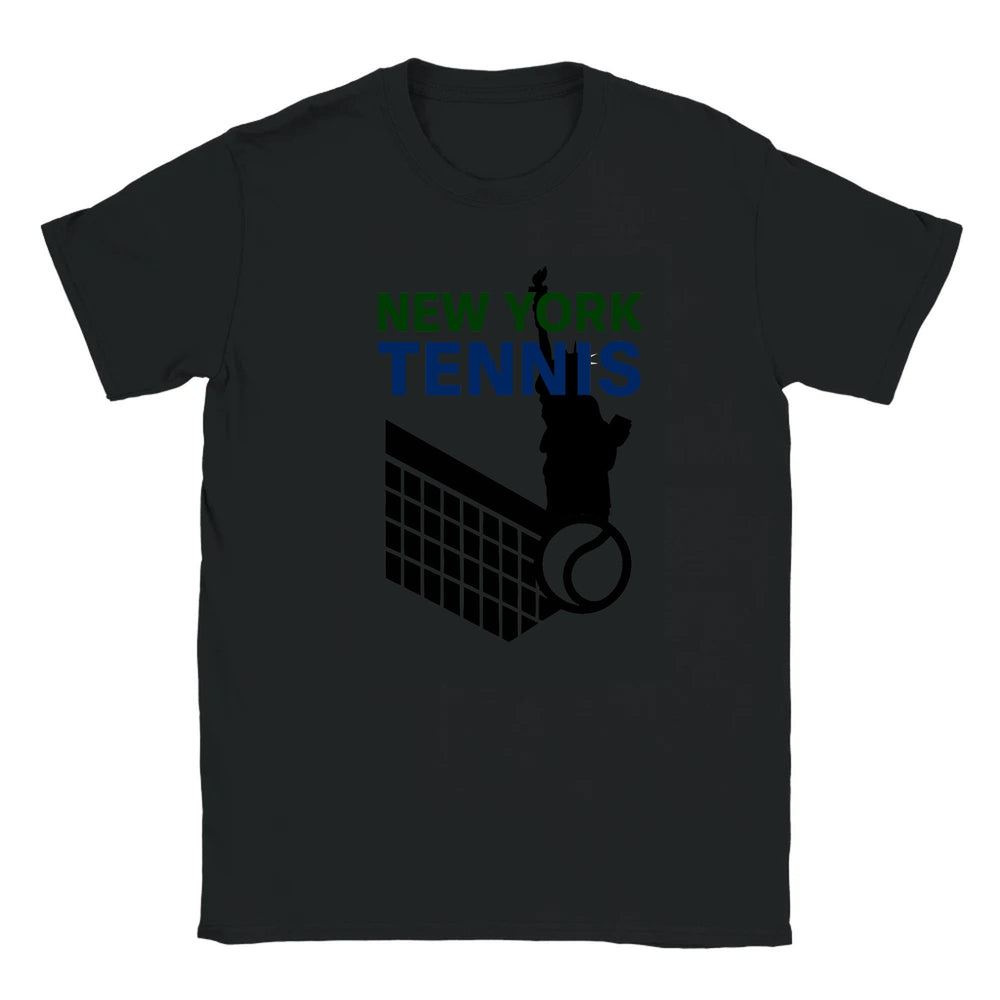 T-shirt featuring a graphic of tennis rackets and a ball with New York text