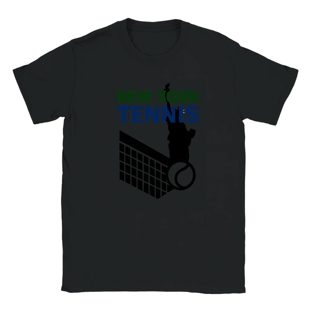 T-shirt featuring a graphic of tennis rackets and a ball with New York text