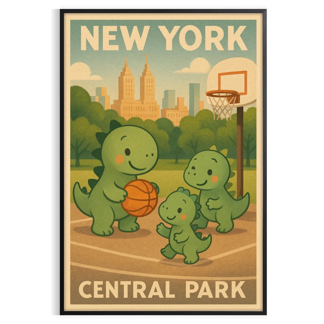 Playful dinosaurs engaging in basketball in Central Park, New York