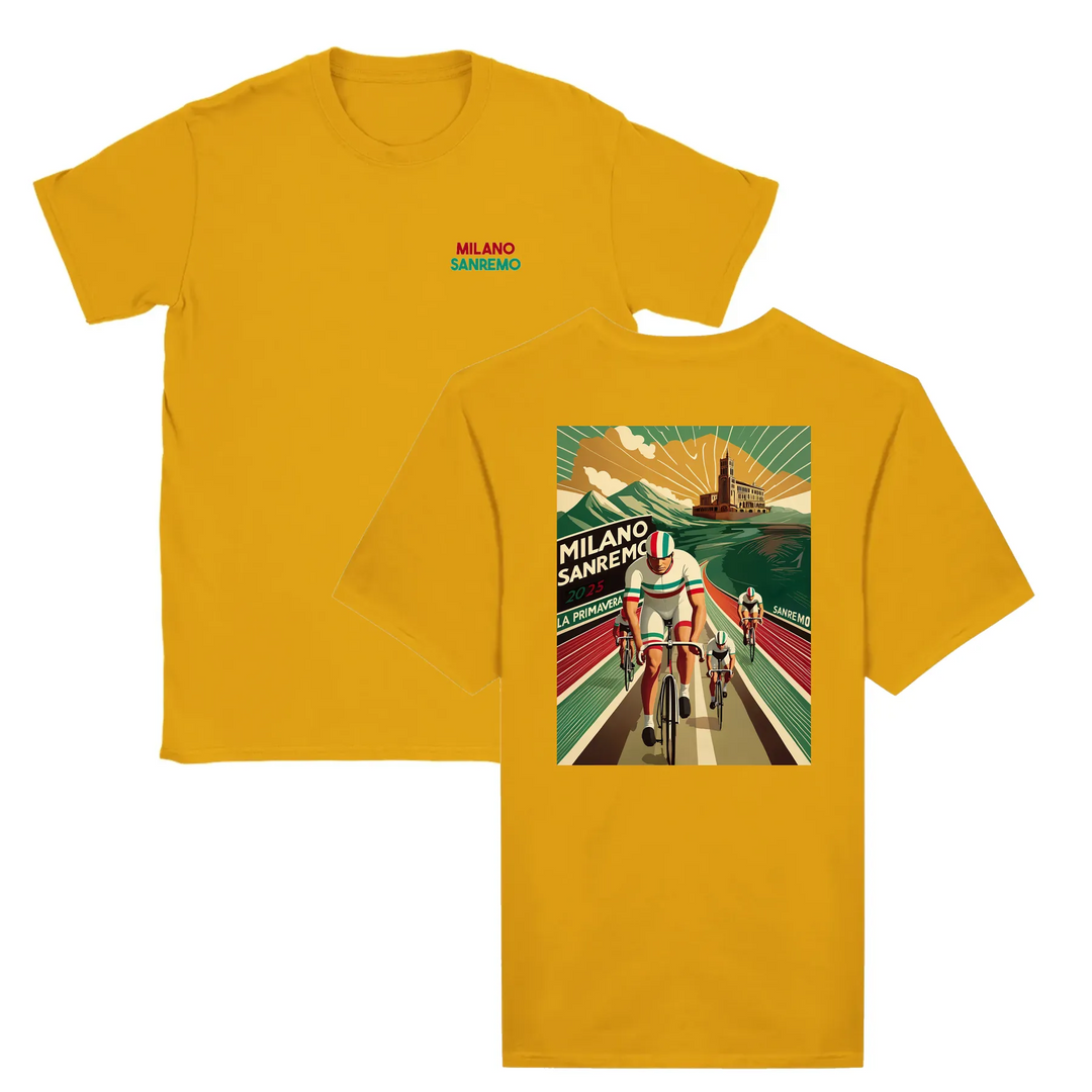 T-shirt featuring a graphic design inspired by the Milano Sanremo cycling race