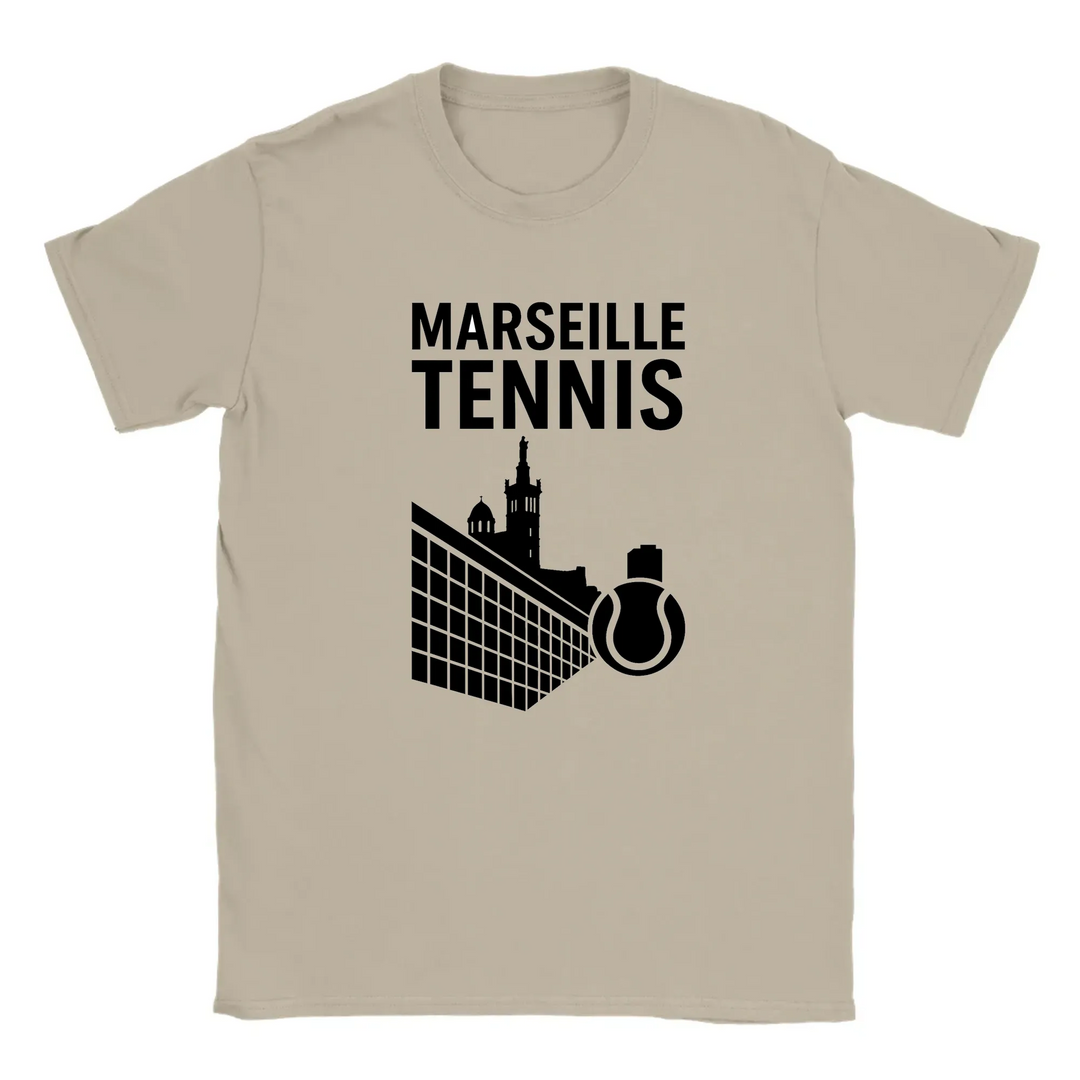 T-shirt featuring a graphic of tennis players in action with Marseille text