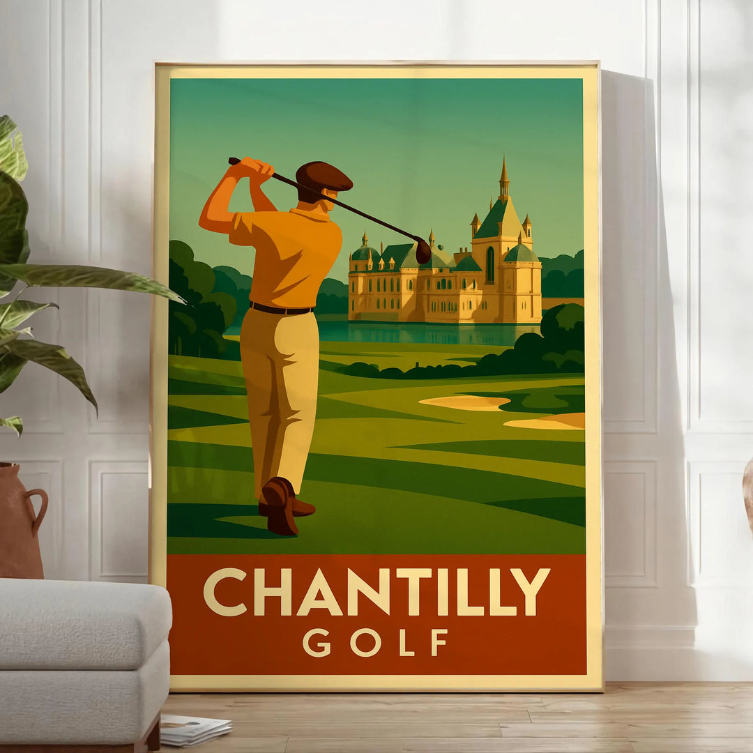 Vintage Chantilly golf poster with green and orange travel-style illustration