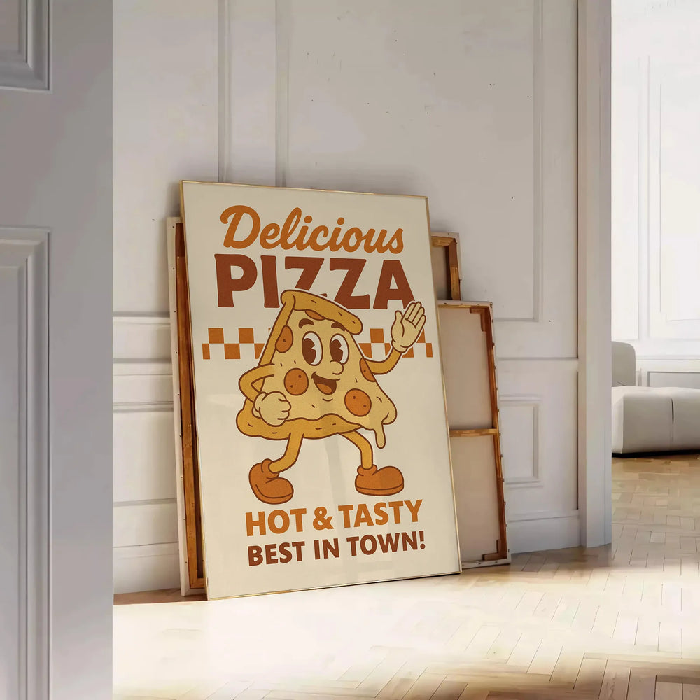 Green and gray retro pizza kitchen poster with illustrated mouthwatering slice