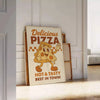 Green and gray retro pizza kitchen poster with illustrated mouthwatering slice
