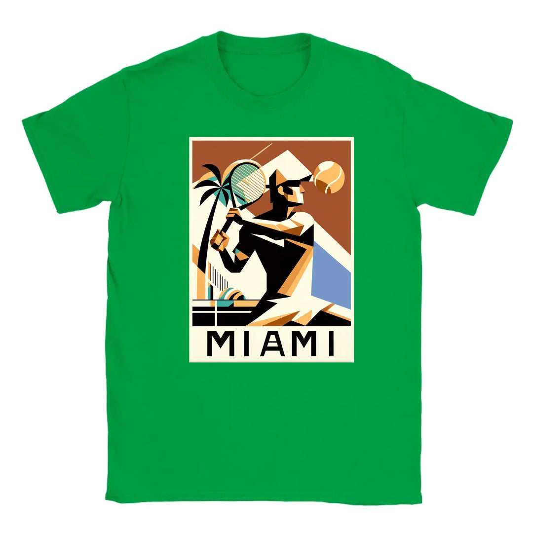 T-shirt featuring a graphic of tennis rackets and a Miami skyline