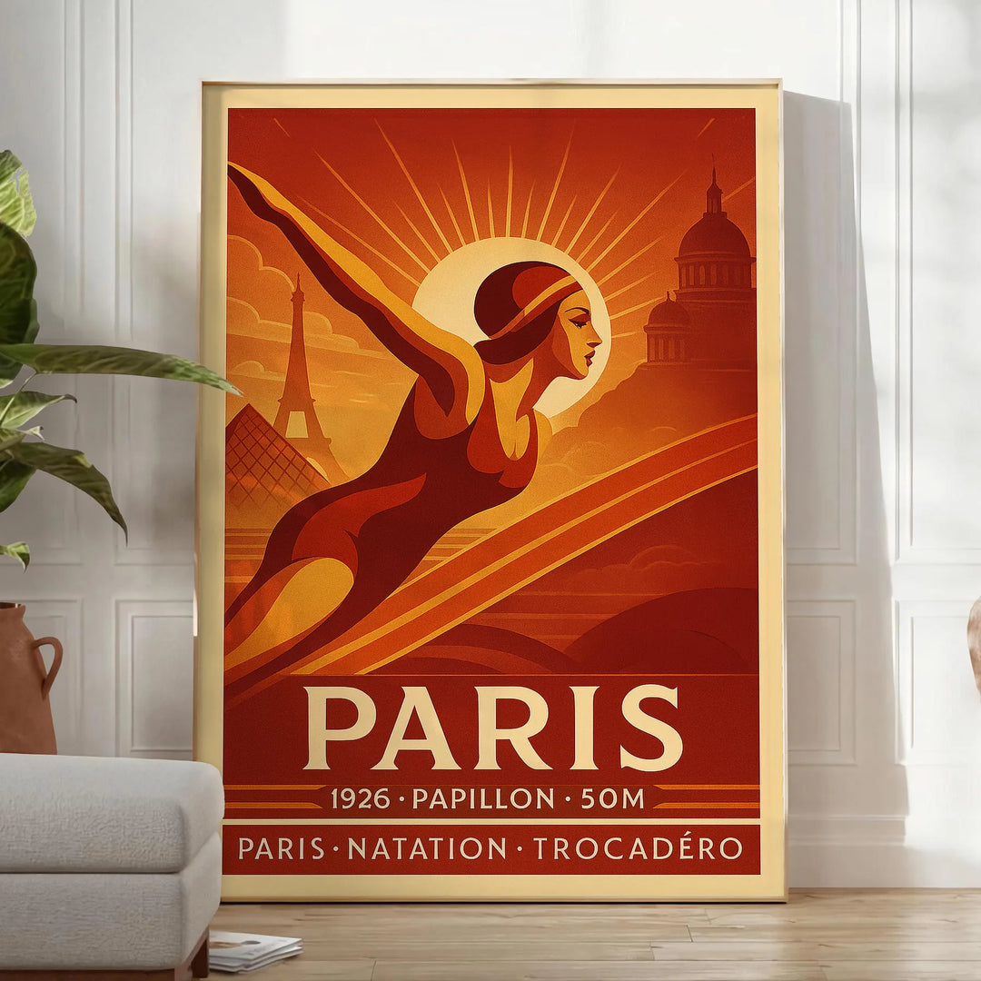 Brown and green swimming figure art poster, minimalist vintage-style illustration
