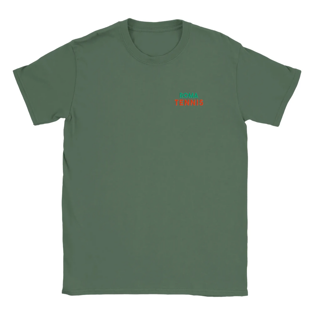 T-shirt featuring an embroidered design of a tennis racket and ball