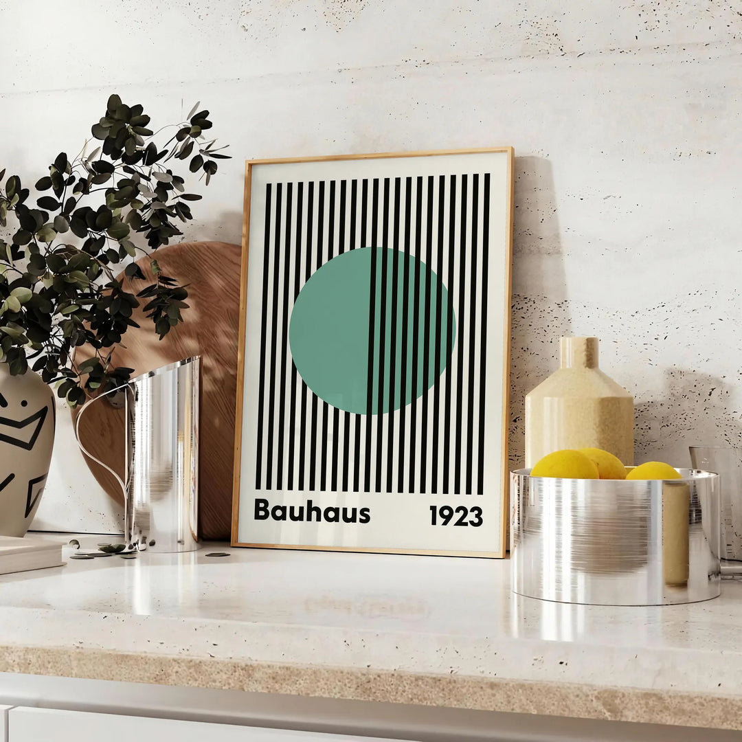 Bauhaus poster with green linear circle, blue and gray geometric minimalism