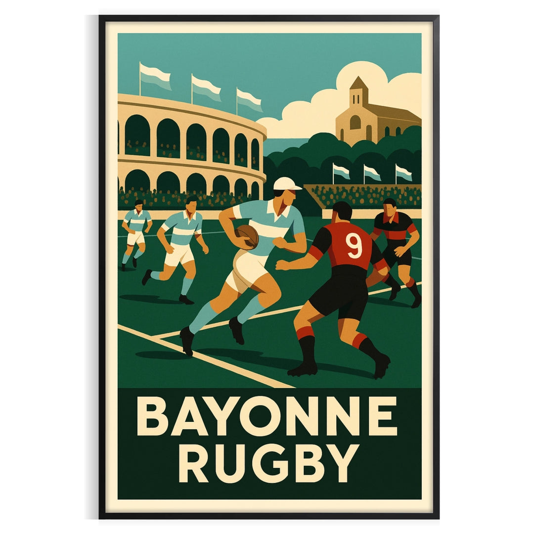 Bayonne rugby team action illustration in vintage Art Deco poster