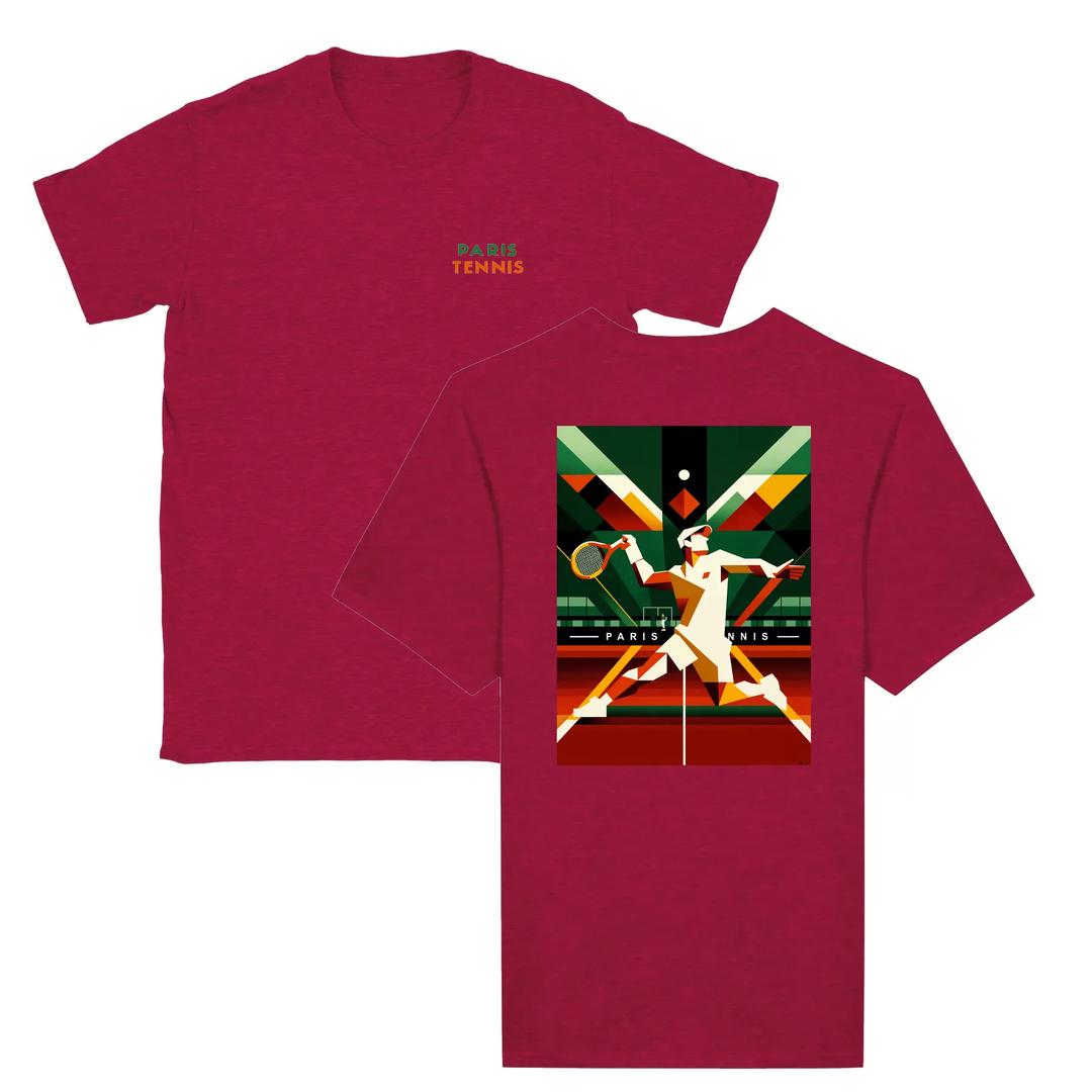 T-shirt featuring a graphic of tennis rackets and a ball with Paris skyline