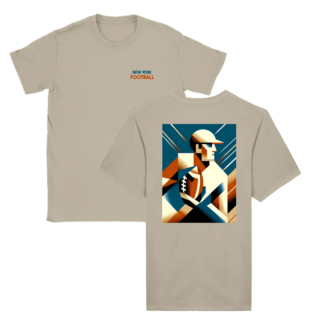 T-shirt featuring an illustration of an American football in action