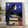 Hokusai ukiyo-e print of a woman ghost emerging from a well, featuring green and brown tones
