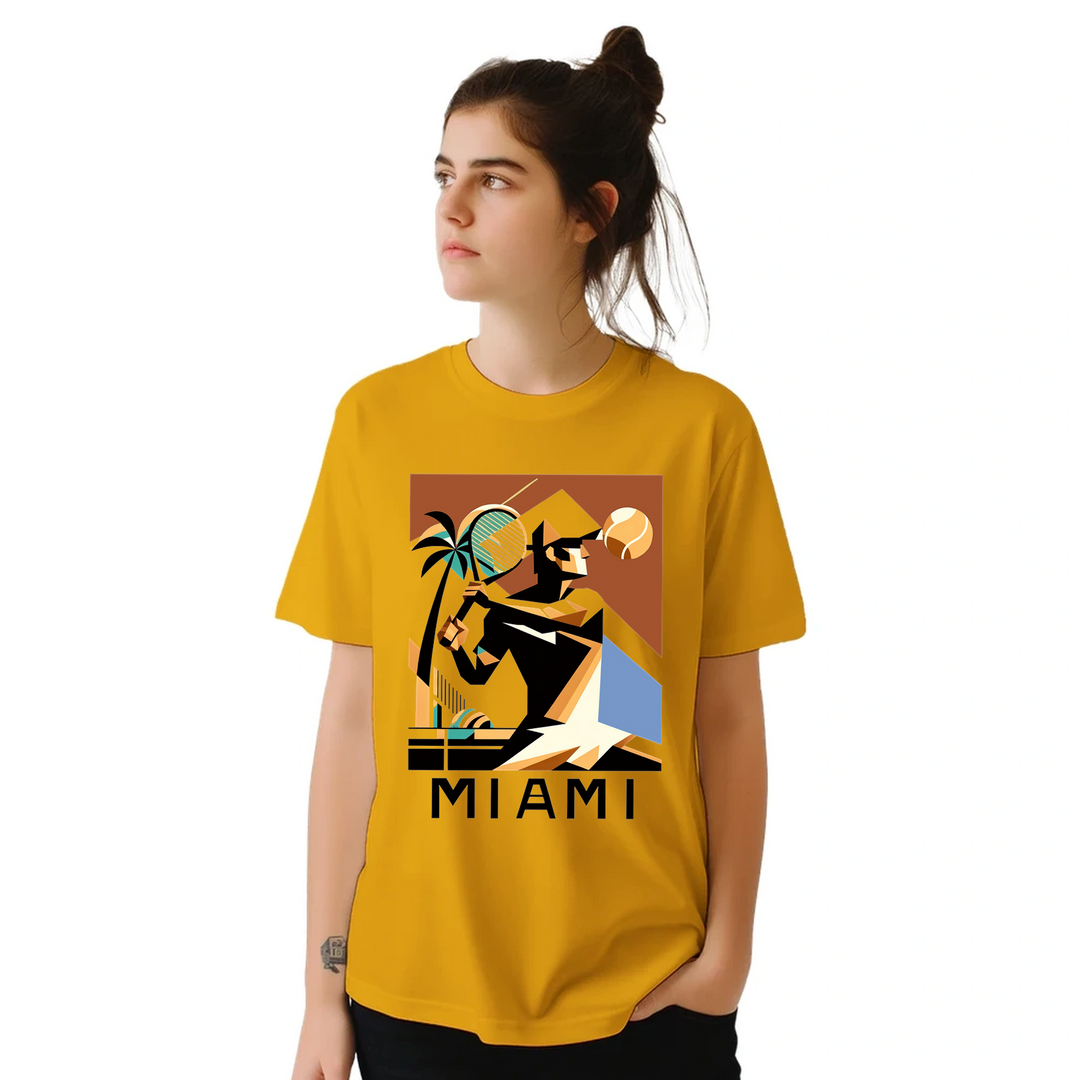 T-shirt featuring a tennis player in action against a Miami skyline
