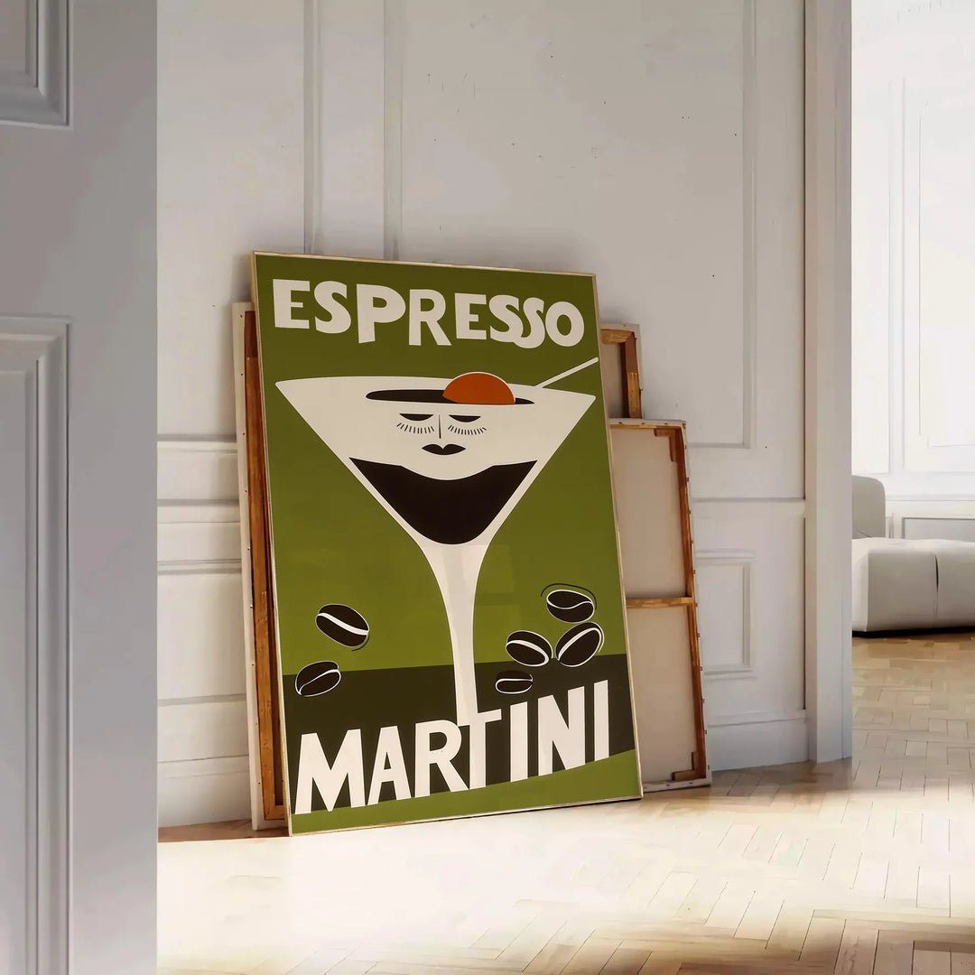 Illustrazione di un cocktail Espresso Martini in colori arancione e verde