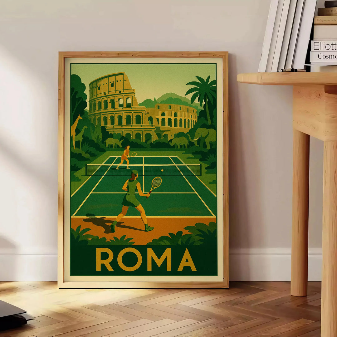 Yellow and gray Rome jungle tennis poster with vintage graphic style