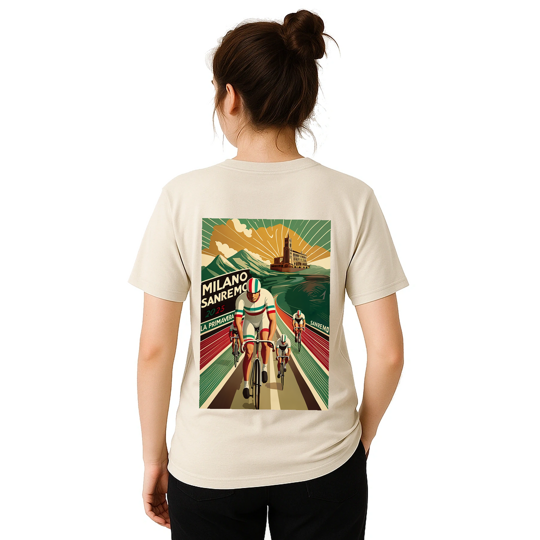 T-shirt featuring a graphic of the Milano–Sanremo cycling race