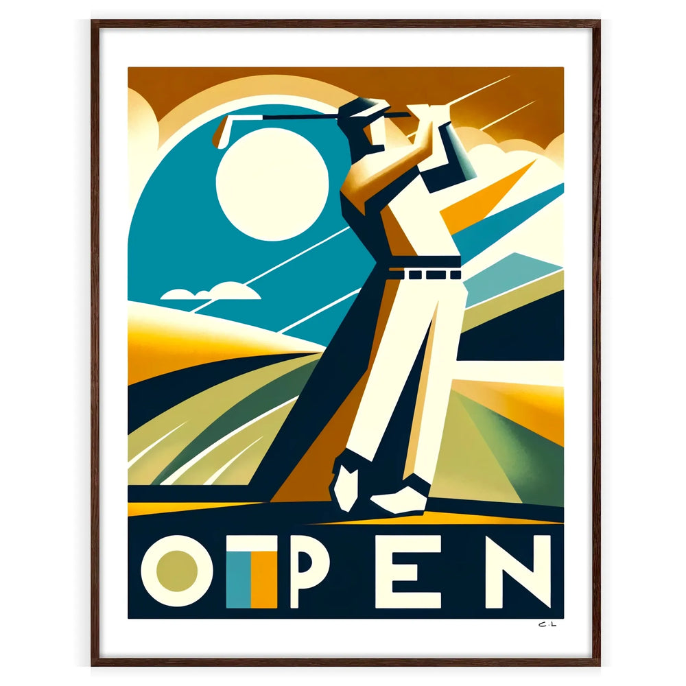 Art Deco style golf scene with muted colors and geometric shapes