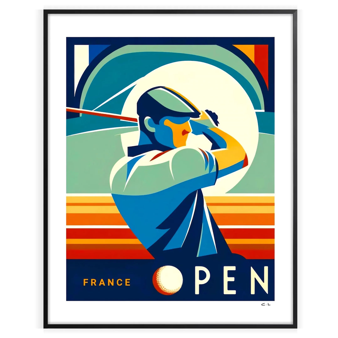 A dynamic illustration of a golfer in action, featuring green and blue tones.
