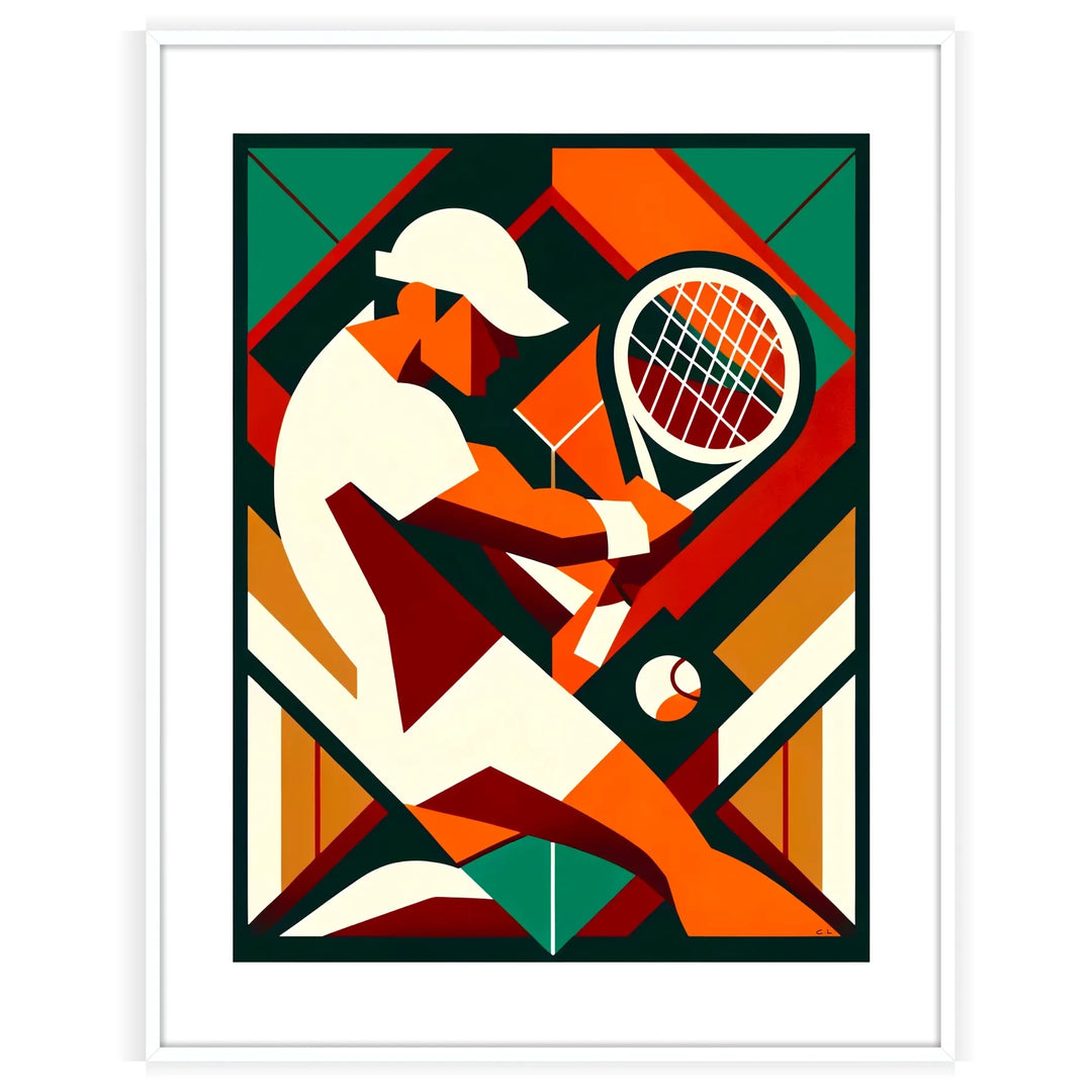Vintage tennis poster featuring a classic player in action with muted colors - in a white frame