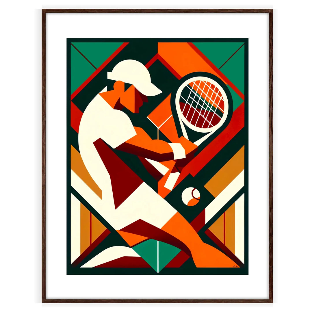 Vintage tennis poster featuring a classic player in action with muted colors - in a walnut frame